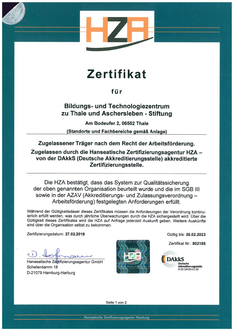 Zertifikat Träger nach dem Recht der Arbeitsförderung HZA Bildung Produktion Thale Aschersleben